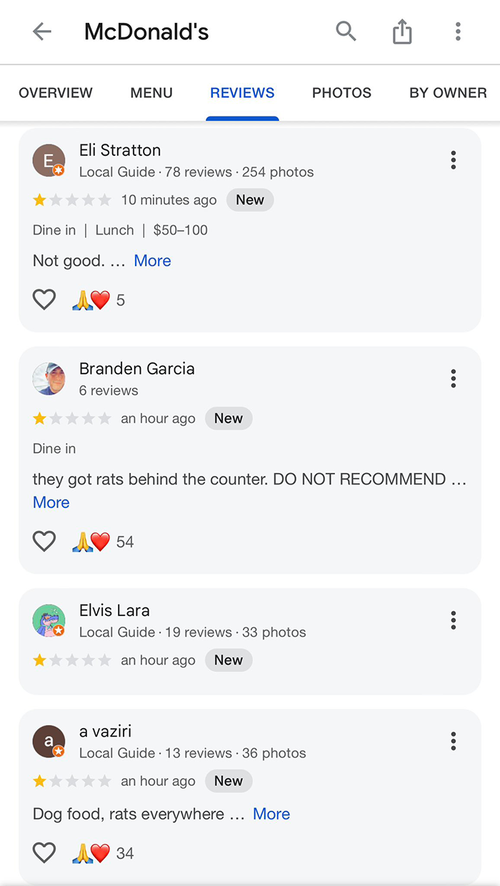 McDonald’s reviews show 1-star ratings with complaints about rats.