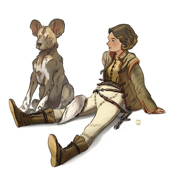 Illustrated character sitting with a creature companion, wearing medieval-inspired attire and boots.