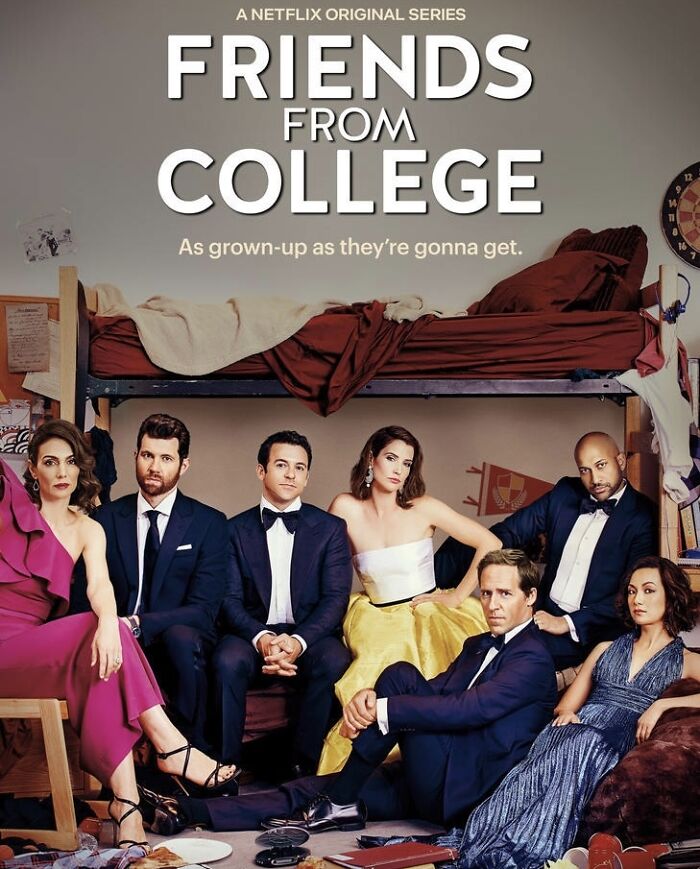 "Promo image for 'Friends from College', featuring main cast sitting in a cluttered room."