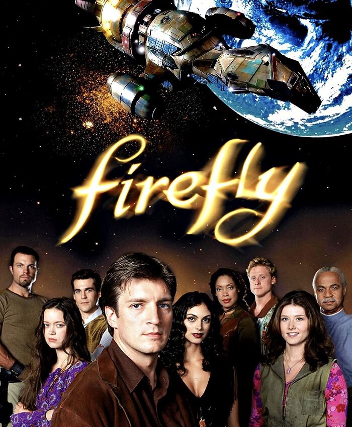 "Firefly cast with spaceship and Earth backdrop, highlighting canceled TV show themes of continuation or reboot."