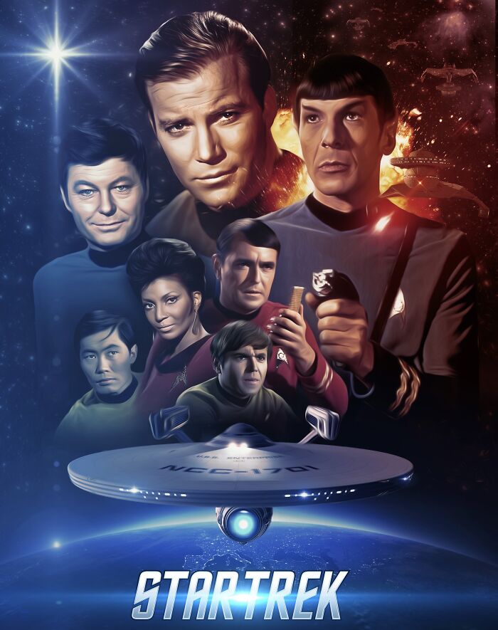 Star Trek cast in space-themed poster, highlighting canceled TV shows' potential to continue or reboot.