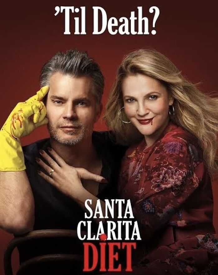 Poster for "Santa Clarita Diet" with two actors, one wearing yellow gloves, related to canceled TV shows continuing or rebooting.