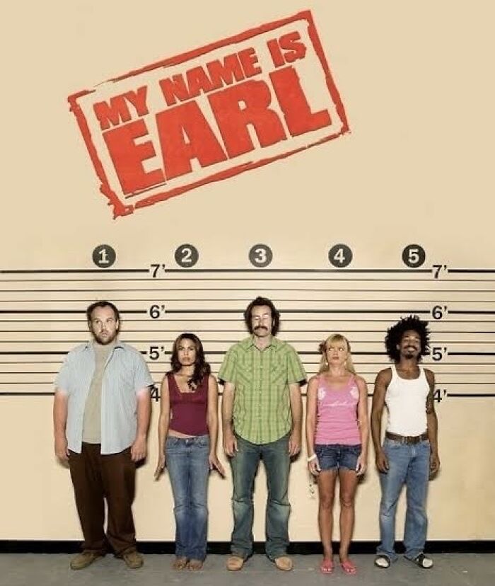 "My Name Is Earl cast standing in front of a height chart; canceled show discussions on continuation or reboot."