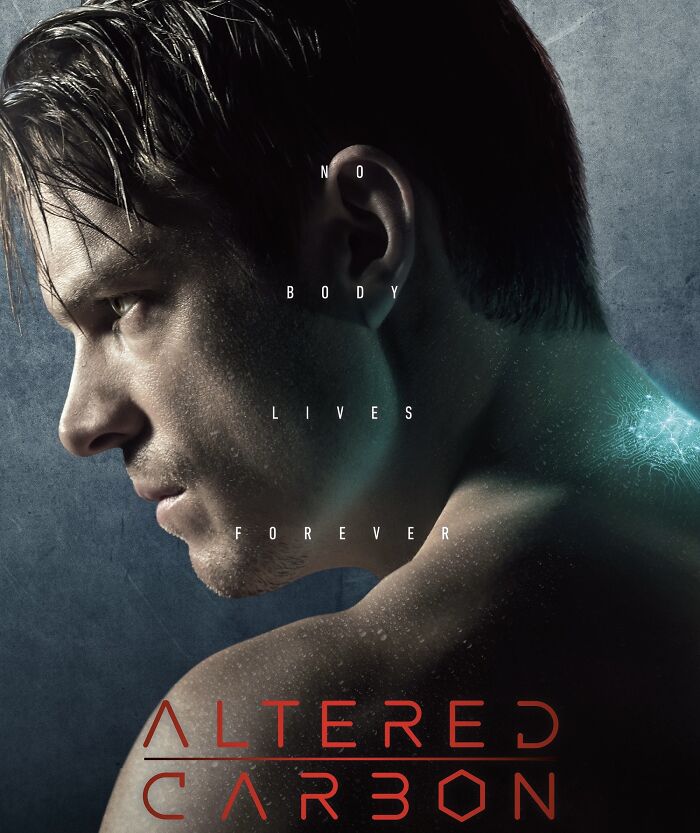 Altered Carbon poster with a man looking left, highlighting its theme of technology and identity.