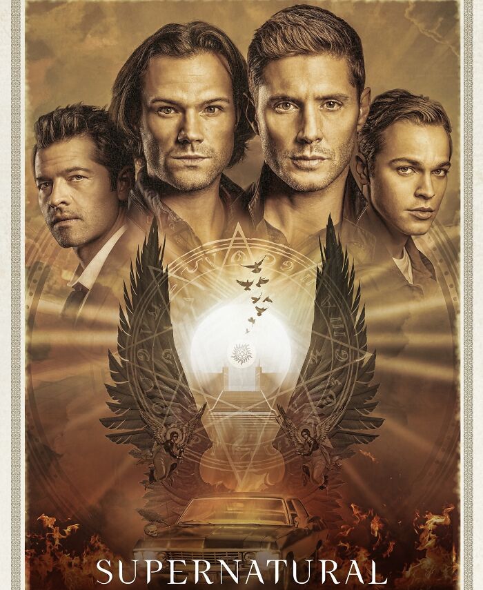 Poster of the TV show "Supernatural," featuring four main characters with dramatic lighting and angelic wings backdrop.