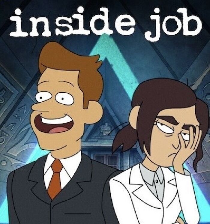 "Animated characters from 'Inside Job' on a likely canceled TV show poster."