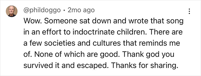 Comment reacting to a song allegedly used for brainwashing in a photo.