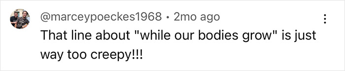 Comment by marceypoeckes1968 referring to a "creepy" song line about "while our bodies grow," related to Scientology.