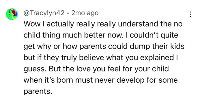 Text from a social media comment about understanding parental decisions and child love.