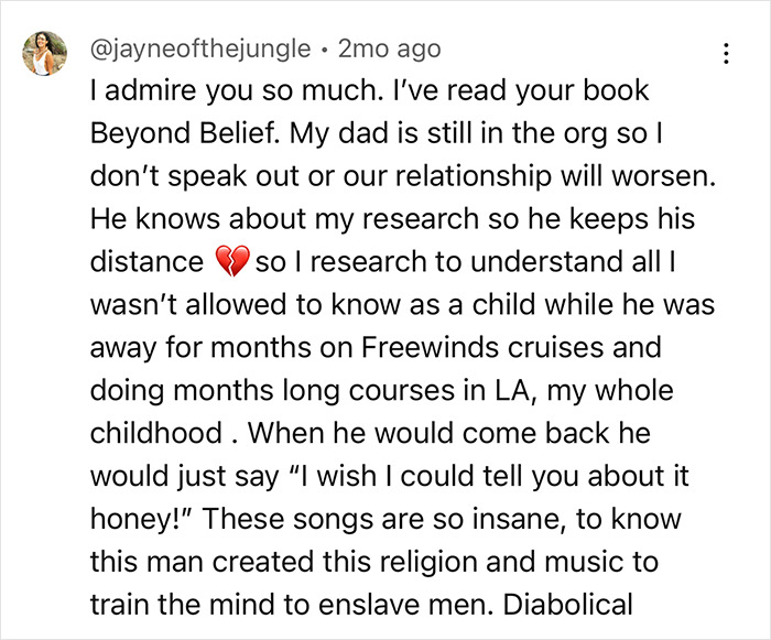 Comment discussing ex-Scientologist's experience and alleged brainwashing.