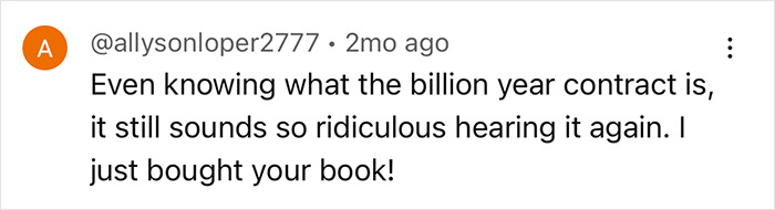 Comment from a user about the "billion year contract," expressing disbelief and mentioning a book purchase, relating to Scientology.