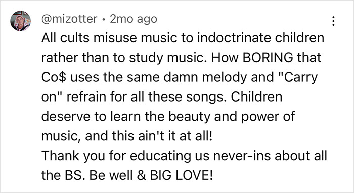 Ex-Scientologist comments on music misuse for child indoctrination, mentioning the repetitive use of melodies and themes.