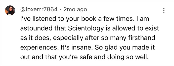 Comment discussing Scientology, mentioning disbelief at its existence and relief that the author is safe.