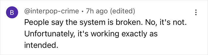 Screenshot of a comment discussing a broken system and its intended functionality, related to Luigi Mangione's arrest.