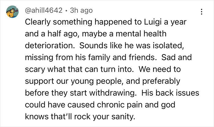 Text message discussing Luigi's isolation and mental health before his arrest, highlighting compassionate nature.