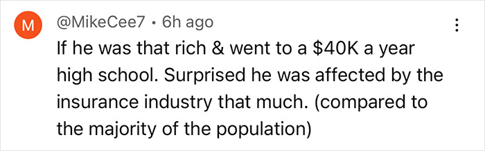 Screenshot of tweet discussing high school costs and insurance industry's impact.