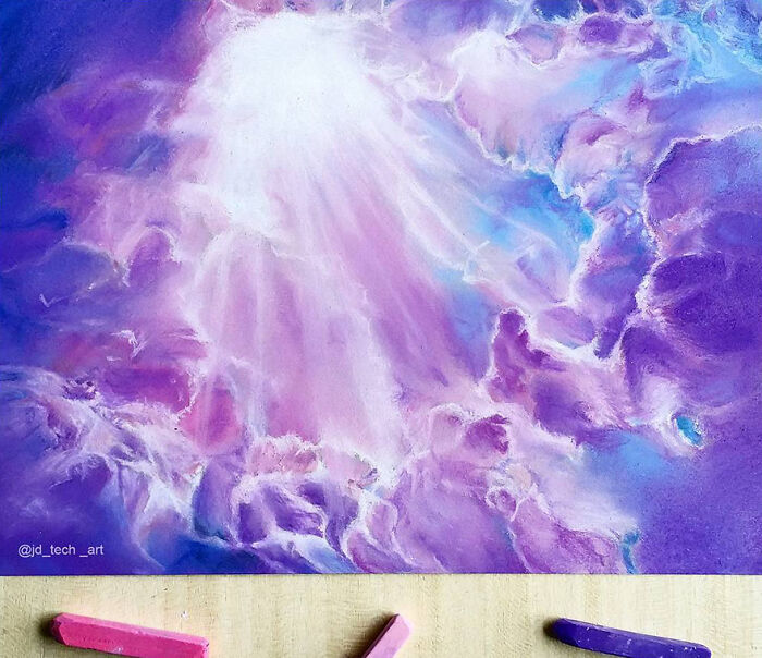 Hyper-realistic drawing of purple clouds with light rays, showcasing artist's skill in landscapes and fantastical elements.