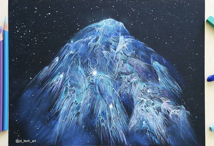 Hyper-realistic pencil drawing of a fantastical blue and white mountain under a starlit sky.