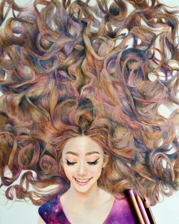 Hyper-realistic pencil drawing of a smiling woman with intricate, colorful curly hair.