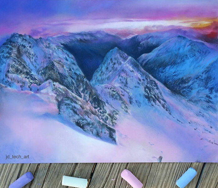 Hyper-realistic pencil drawing of a snowy mountain landscape at sunset, with pastel pink and blue hues.