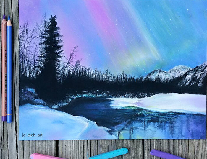 Hyper-realistic pencil drawing of a vibrant aurora over a snowy landscape with trees and a river.