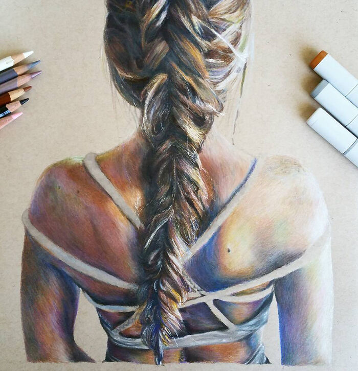 Hyper-realistic pencil drawing of a woman with braided hair, showcasing intricate detail and shading.