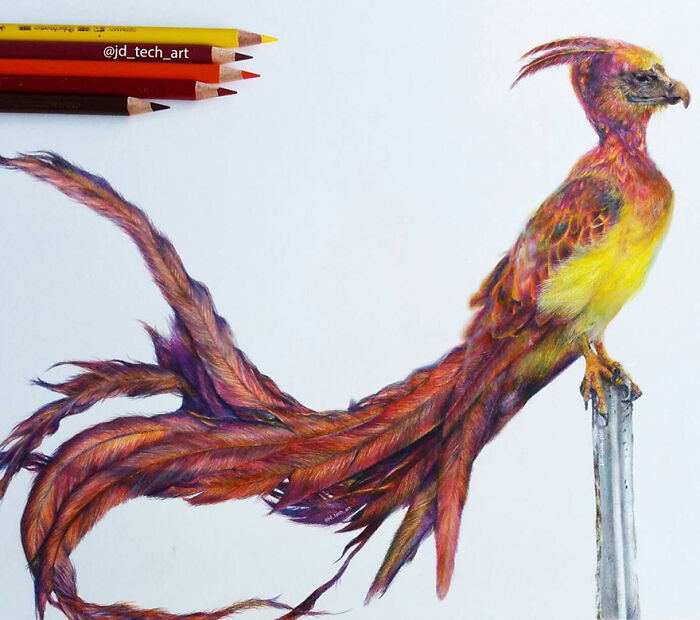 Hyper-realistic pencil drawing of a vibrant, fantastical bird perched on a branch, with pencils nearby.