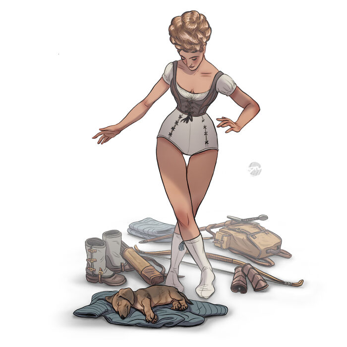 Illustrated character posed with creature companion, surrounded by various items.