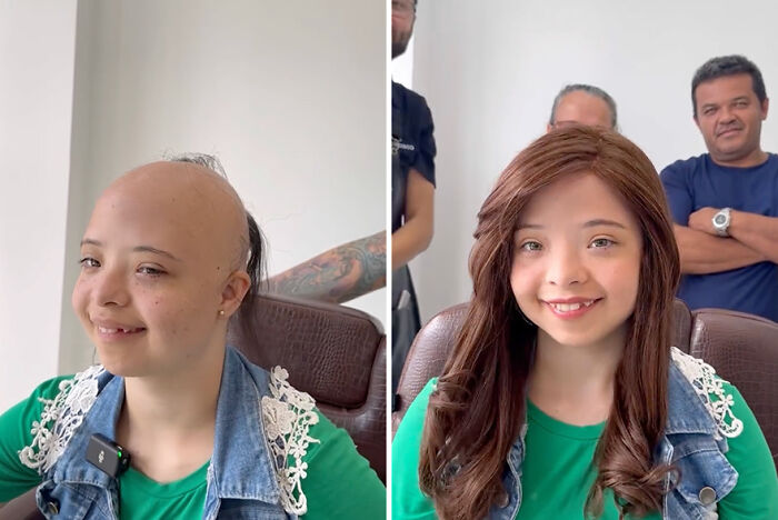 Brazilian barber gives hair prosthetic to a smiling child with a green shirt, transforming their appearance and boosting confidence.