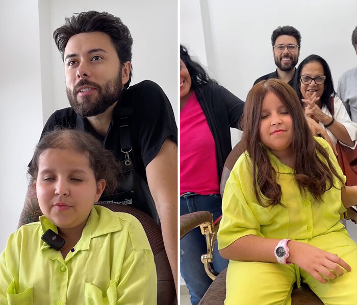 Brazilian barber with a young girl receiving hair prosthetics, shown before and after the transformation.