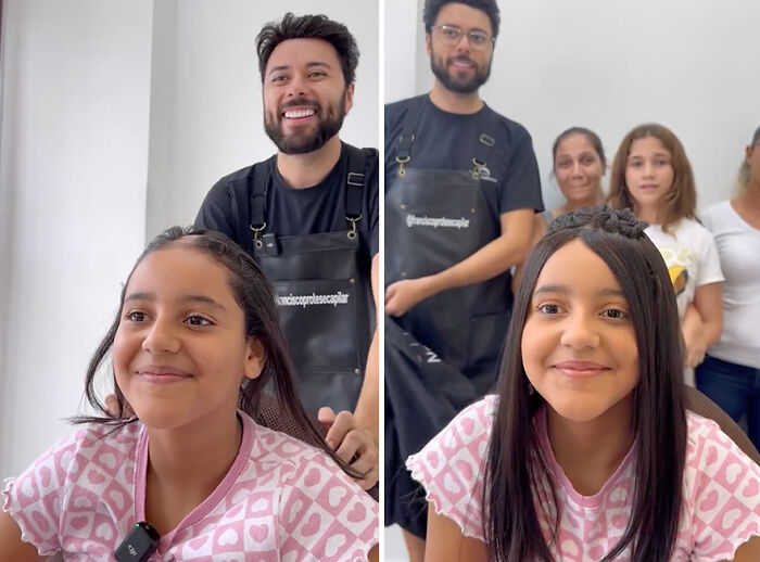 Brazilian barber giving hair prosthetics to a smiling child, surrounded by supportive adults.