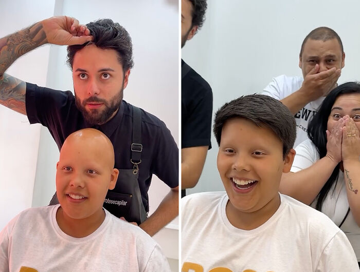 Brazilian barber gives hair prosthetic to smiling child, with amazed onlookers in the background.