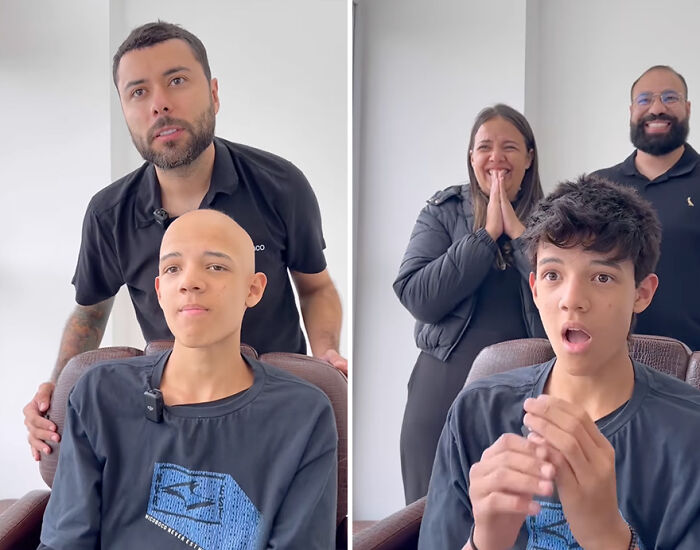 Brazilian barber providing hair prosthetics to kids, showing a before and after transformation with family reactions.