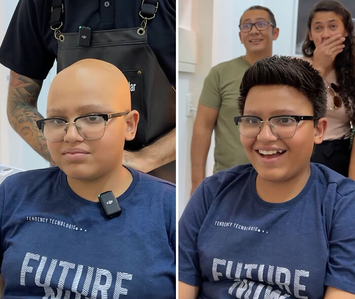 Kid receiving hair prosthetics from a Brazilian barber, smiling with excitement after transformation.