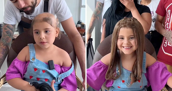 Brazilian barber gives hair prosthetics to a smiling young girl in a salon, addressing hair loss conditions.