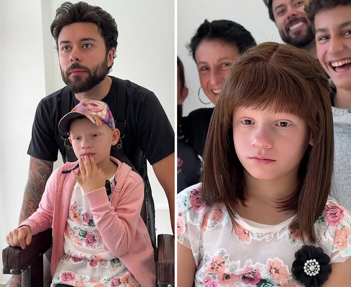 Brazilian barber with a young girl receiving hair prosthetics, showing before and after transformation with a smiling group.