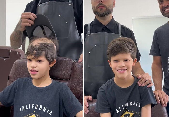 Barber from Brazil giving hair prosthetics to a boy, transforming his appearance with a skillful haircut and style.