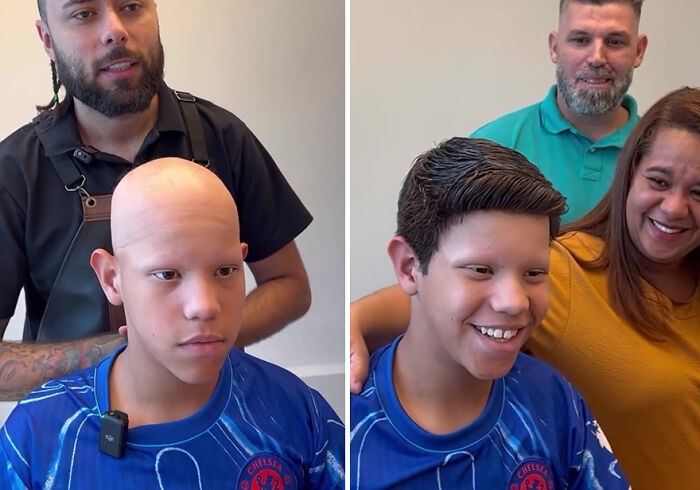 Brazilian barber gives hair prosthetics to a smiling boy, before and after transformation with happy family.