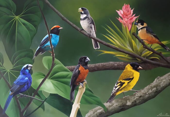 Brazilian artist's fine art painting of vibrant birds on branches with lush green background.