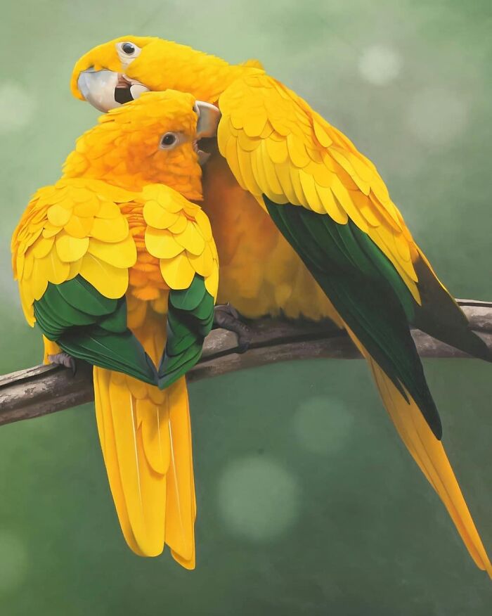 Bright yellow parrots on a branch, highlighting feather art by Brazilian artist.