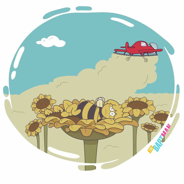 Well-known character bee with environmental message in comic art, featuring a red plane and sunflowers.