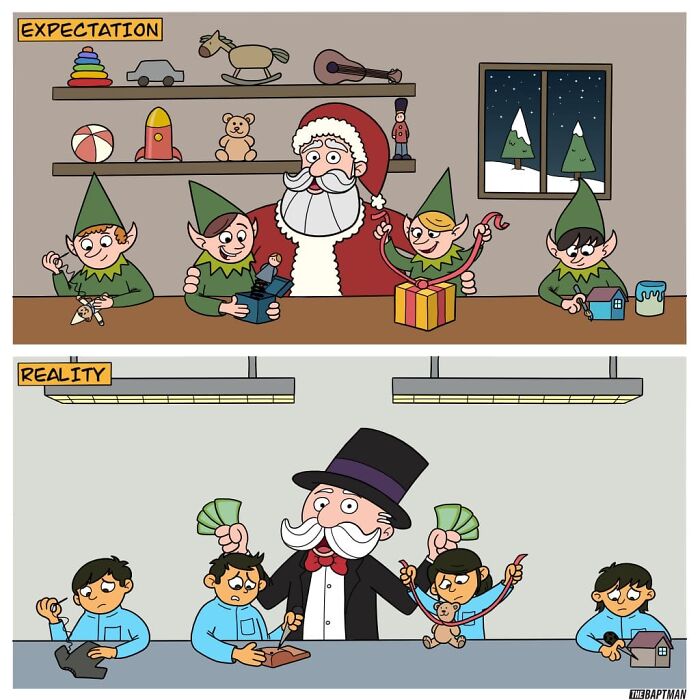 Comic depicting Santa and elves versus businessman with children, highlighting environmental messages through characters.