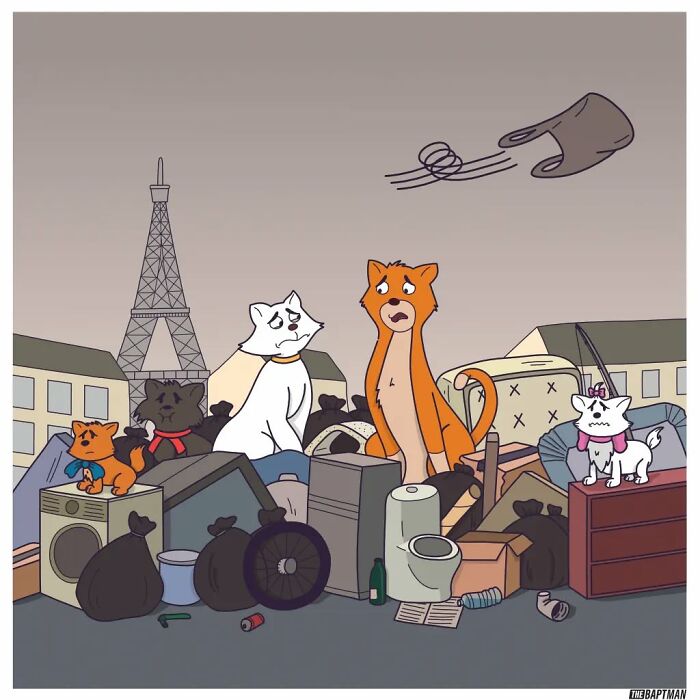 Comics show cartoon cats in a polluted city, highlighting environmental issues.