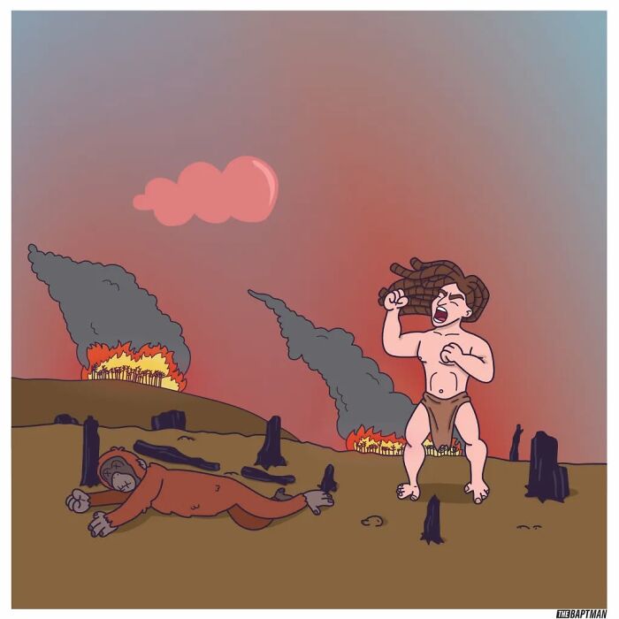 Comic depicting well-known characters highlighting environmental destruction with fires and deforestation in the background.