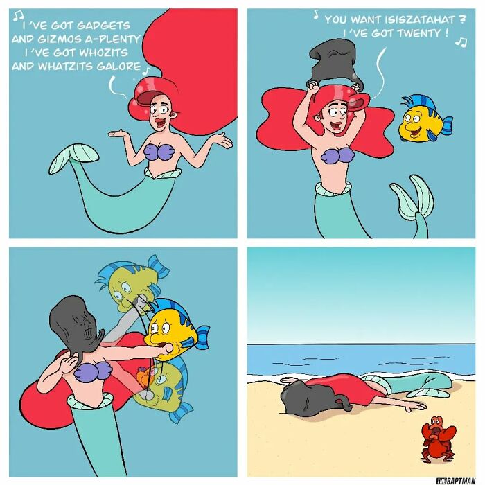 Comic showing a mermaid with sea creatures highlighting environmental messages on pollution.