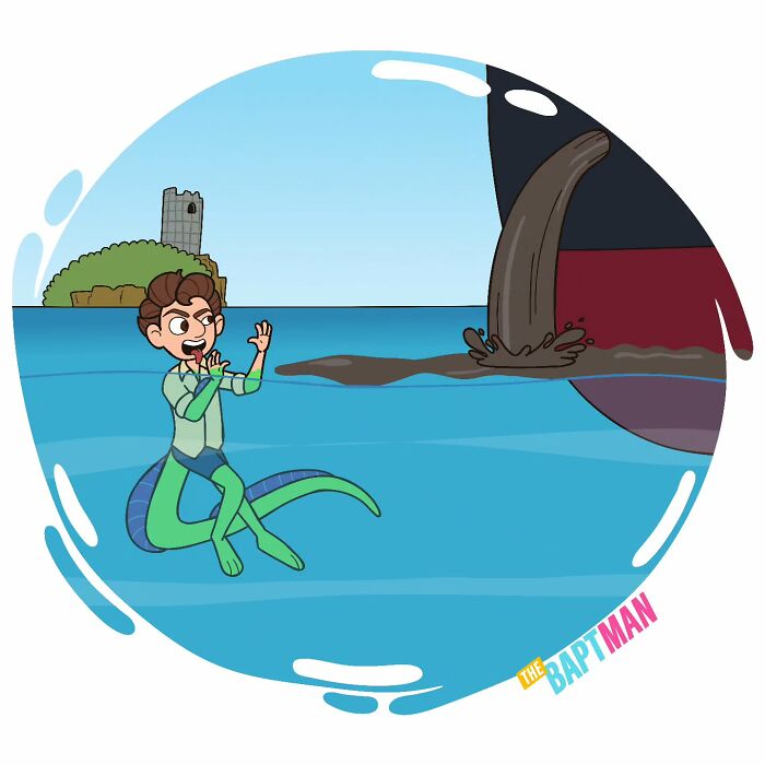 Comic character in water disturbed by pollution from a ship, symbolizing an important environmental message.