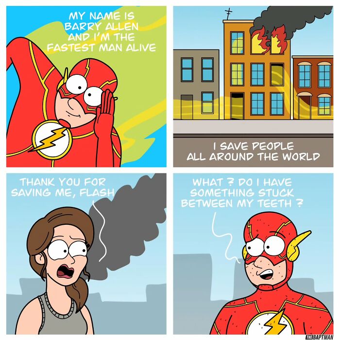 Comic of a superhero combining humor with environmental messages, addressing pollution in a city setting.