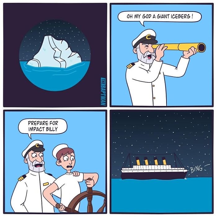 Comic featuring characters addressing an iceberg on the ocean, highlighting important environmental messages.