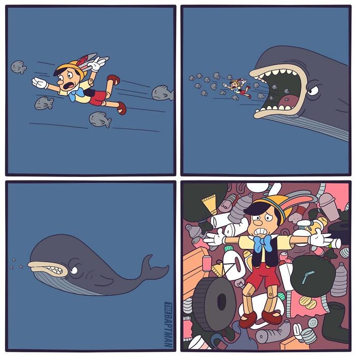 Comic of famous character highlighting environmental issues, showing a whale and ocean pollution.