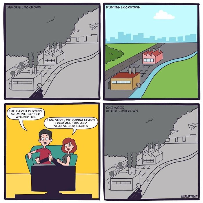 Comic showing environmental change during and after lockdown, highlighting important environmental messages with characters.